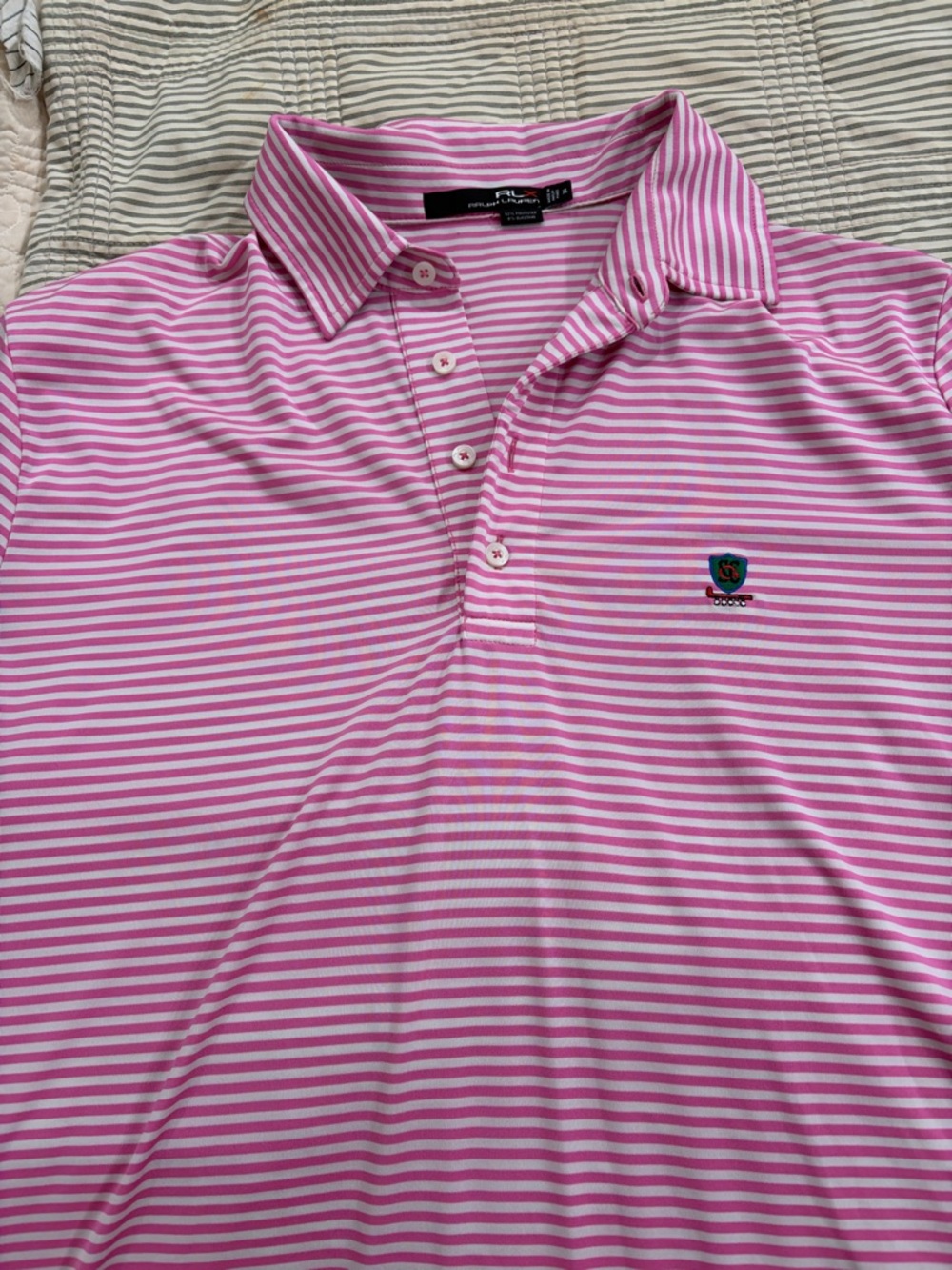 Polo Ralph Lauren RLX Golf Polo Pink & White Striped Polo with Small Crest Logo